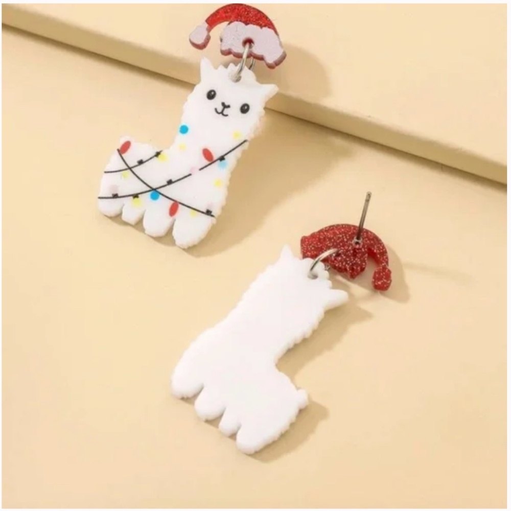 ❤️ FREE Llama Alpaca Animal Christmas Santa Hat Lights Boho Peasant Hip Earrings